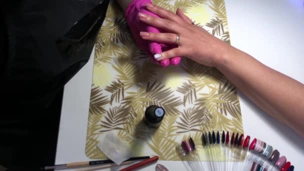 Master Makes Manicure Beauty Salon Woman Makes Beauty Nails Another — Stock Video