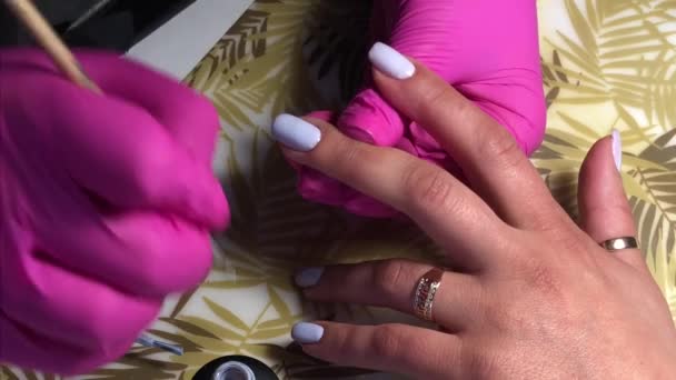 Master Makes Manicure Beauty Salon Woman Makes Beauty Nails Another — Stock Video