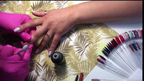 Mestre Faz Uma Manicure Salão Beleza Uma Mulher Faz Beleza — Vídeo de Stock