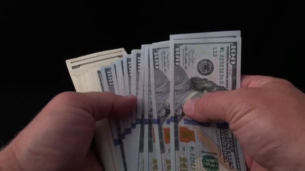 Man Counts Dollars Black Background Hands Man Bundle American Money — Stock Video