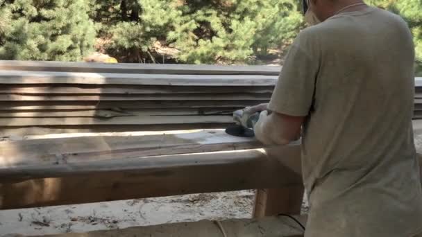 Worker Polishes Pine Board Grinding Tool Hands Man Power Tool — Stock Video