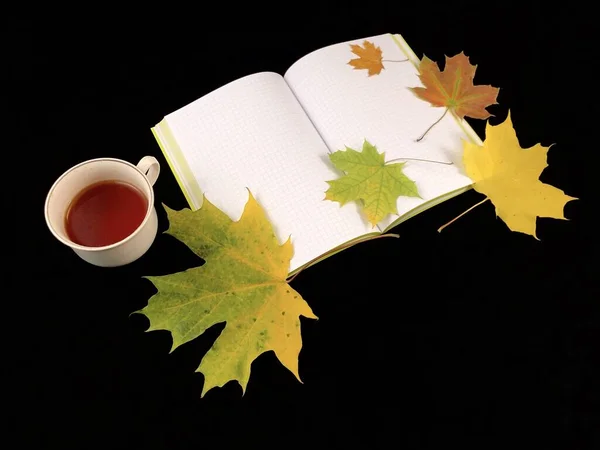 Φθινοπωρινή νεκρή φύση σε ένα σκοτεινό τραπέζι. Καφές, σημειωματάριο και φύλλα σε μαύρο φόντο. Ανοιχτό βιβλίο, κίτρινα φύλλα, πάνω όψη. — Φωτογραφία Αρχείου