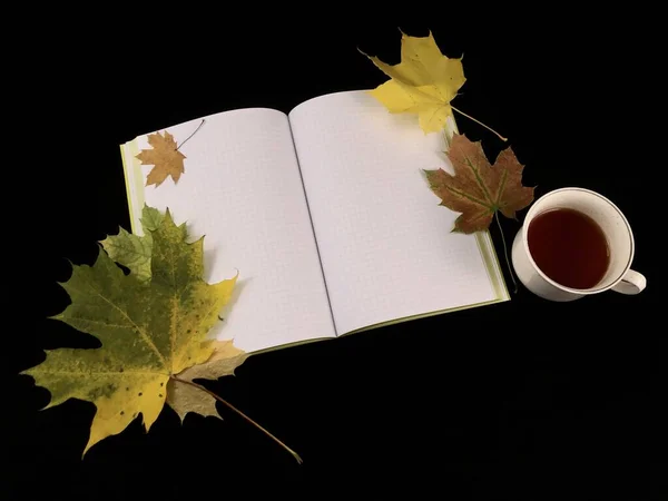 Outono ainda vida em uma mesa escura. Xícara de café, caderno e folhas em um fundo preto. Livro aberto, folhas amarelas, vista superior . — Fotografia de Stock