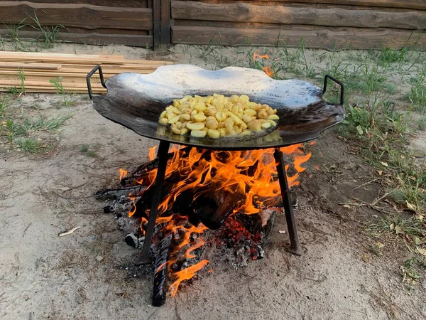 Ateşin üstünde patates kızartması. Doğada piknik, yemek ateşte hazırlanır. Izgara taze patates ve duman. Açık hava yemekleri..