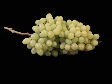 Siyah arka planda bir demet yeşil üzüm. Olgun çekirdeksiz üzüm meyveleri. Konsept: Sonbahar meyveleri, yararlı doğal vitaminler.