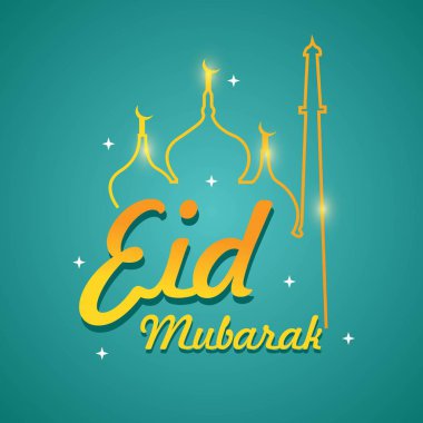 Eid Mubarak kaligrafi düz tasarım ve cami çizgi sanatı
