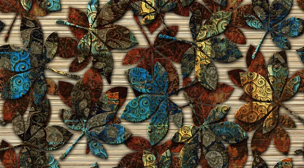 Colourful digital wall tiles design for bathroom or Canvas Leaf Art Decor For wall Decoration. Seamless colorful leaf patchwork in turkish style, wallpaper, linoleum, textile, web page background.