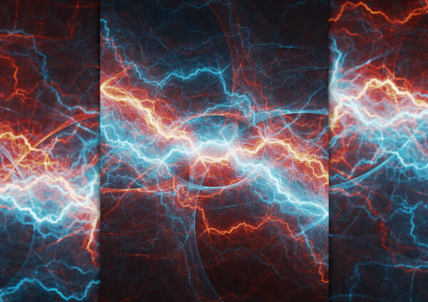 Red and blue lightning, with design cut