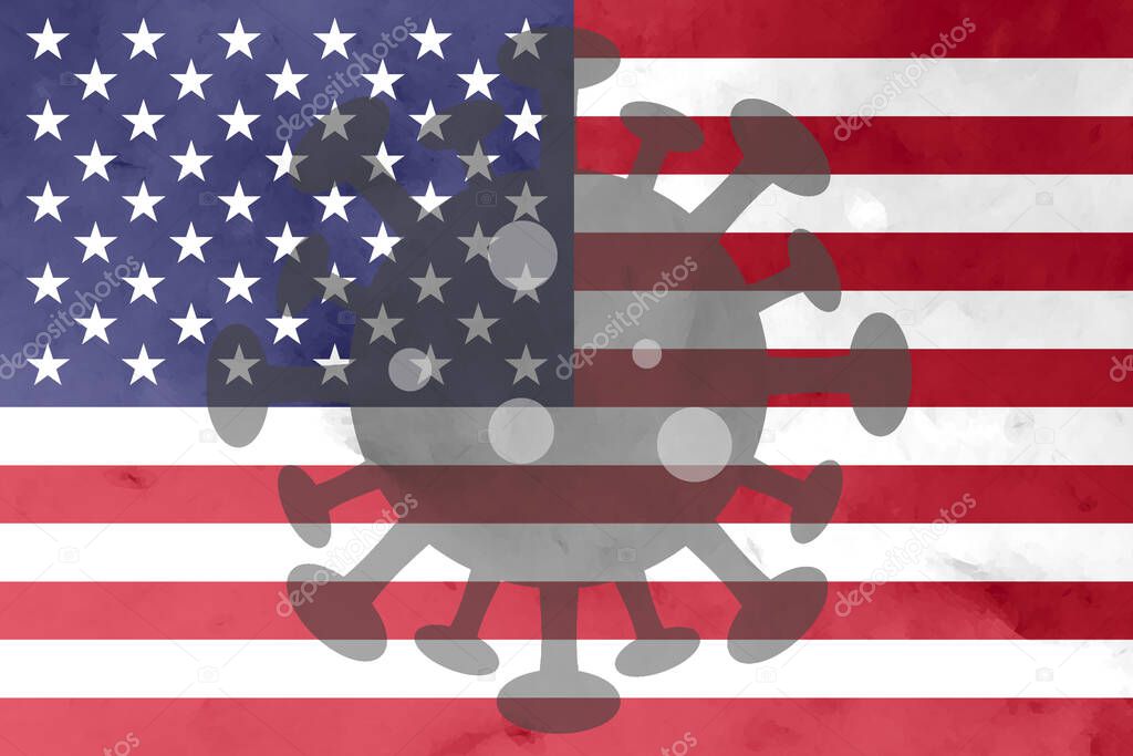 American flag with grunge texture and corona virus symbol
