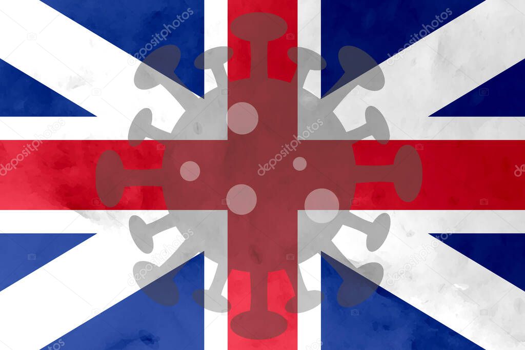 Britain flag with grunge texture and corona virus symbol