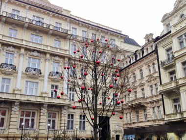 Karlovy Vary şehir manzara, ağaç kırmızı balonlar ile dekore edilmiş, avlu, balkon ev