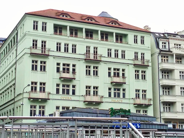 Facades of beautiful buildings on the streets of the spa town of Karlovy Vary of the Czech Republic