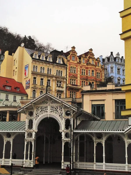 Facades of beautiful buildings on the streets of the spa town of Karlovy Vary of the Czech Republic