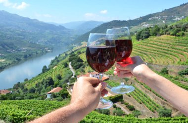 Wine glasses against vineyards in Douro Valley, Portugal clipart