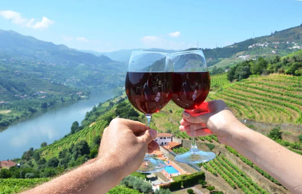 Ποτήρια Κρασιού Εναντίον Αμπελώνες Στην Κοιλάδα Douro Πορτογαλία — Φωτογραφία Αρχείου