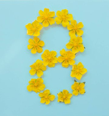  Sarı, parlak bahar çiçeklerinin mavi arka planında 8 numara. Çocuk yaşı, bebek ayı, çiçeklerin sembolü..