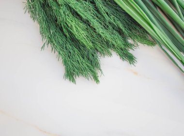 Beyaz bir masada taze dereotu ve sebze bahçeli soğan. Metin için kopyalama alanı olan kart. Üst Manzara. Düz yatıyordu.