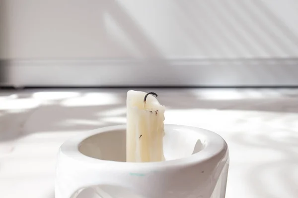 Burning Candle White Candlestick Shadow Marble Esoteric Concept Spiritual Development — Stock Photo, Image