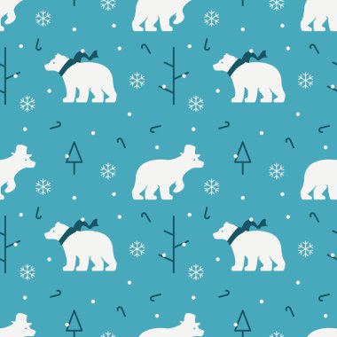 Beyaz kutup ayısı kışın kar ile şapka ve atkı kullanarak pul ve Noel ağacı sorunsuz vektör desen arka plan