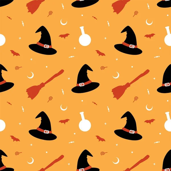 Strega cappello scopa con pipistrello volante e luna modello senza soluzione di continuità vettore illustrazione Halloween tema sfondo — Vettoriale Stock