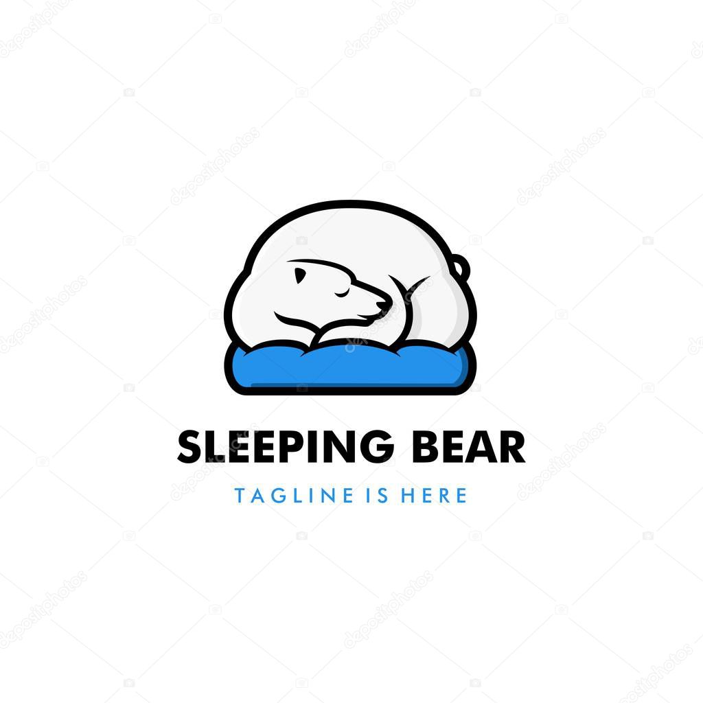 Lazy sleeping white polar bear in blue pillow logo vector template illustration