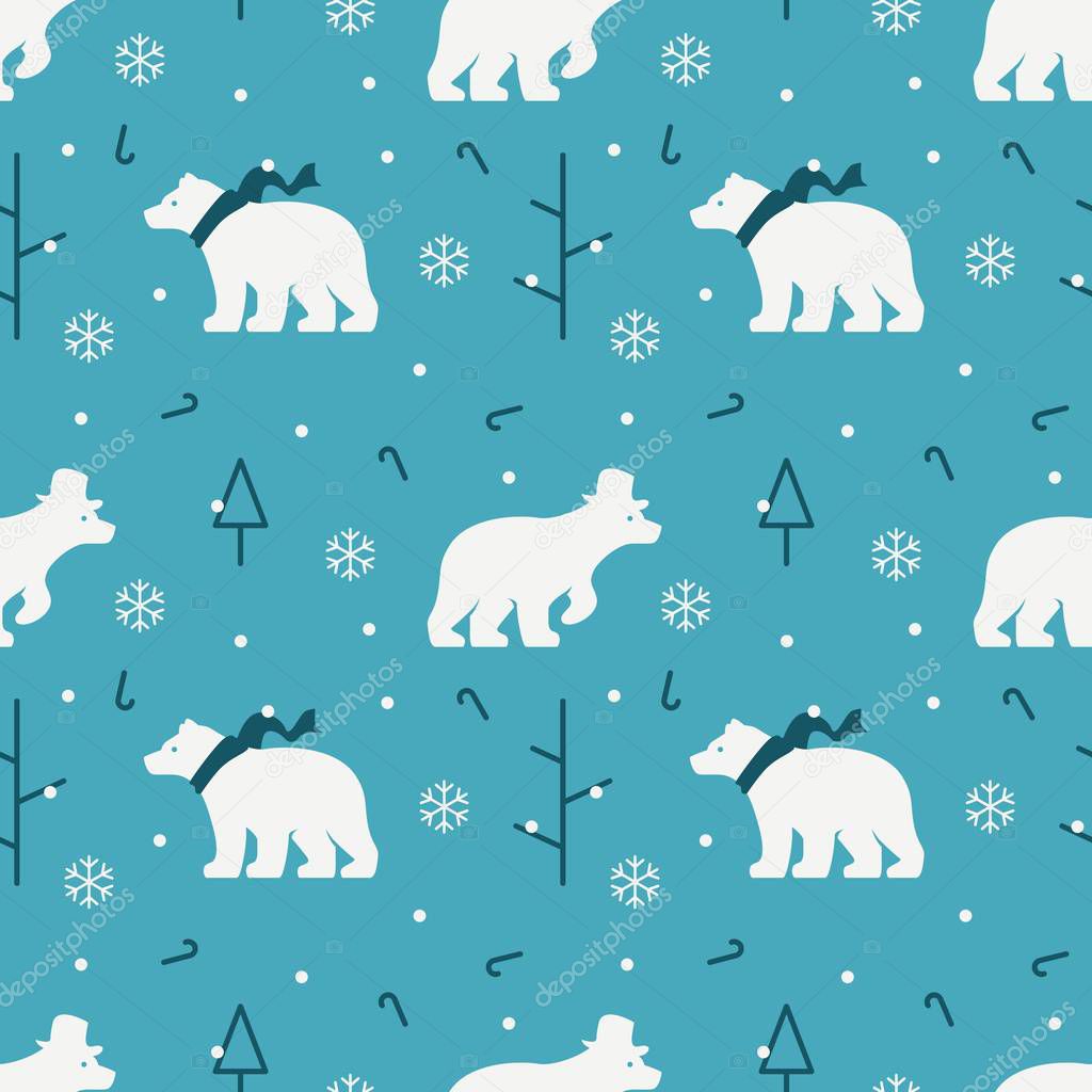 white polar bear using hat and scarf with winter snow flakes and christmas tree seamless vector pattern background