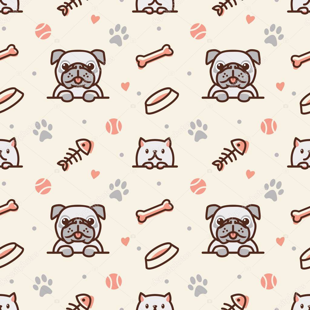 pug dog and cat with bone, fish bones, paw prints and ball seamless pattern vector background