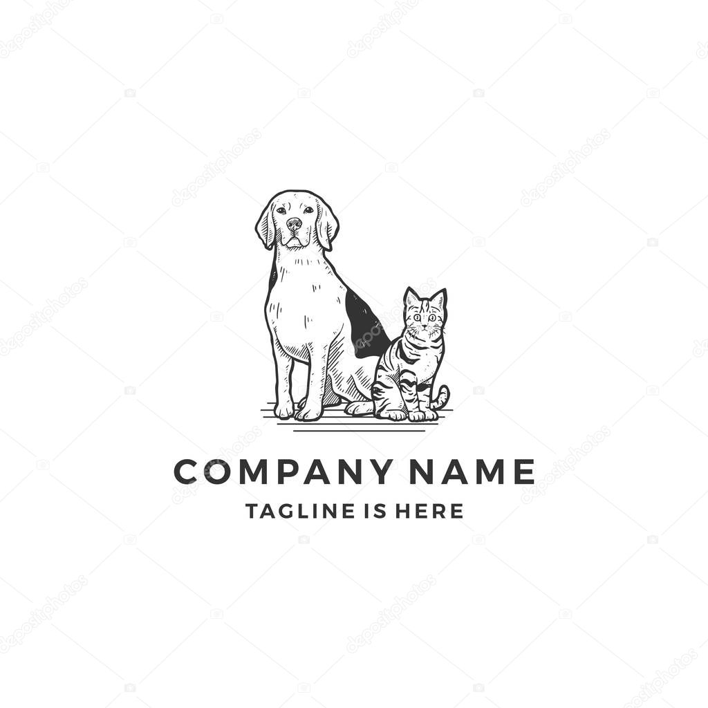 Handrawn sitting dog cat logo icon vector illustration template