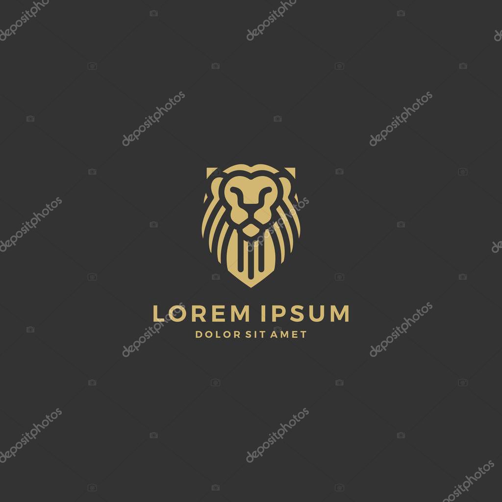 Lion shield logo vector icon line art outline download gold on black