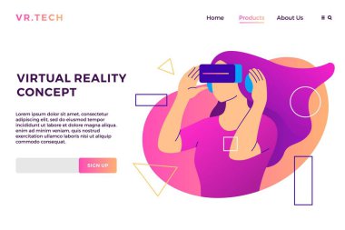 sanal gerçeklik kavramı Vr kız gözlük sayfa vektör düz resimde arka iniş artar