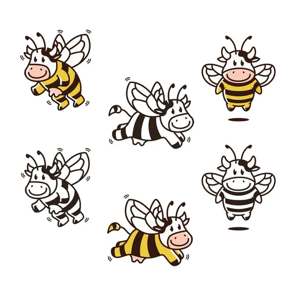Mucca ape cartone animato mascotte set bundle personaggio da colorare libro vettore — Vettoriale Stock