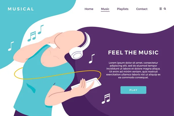 Streaming de música baixar landing page com menina audição fone de ouvido ilustração plano vetor fundo — Vetor de Stock