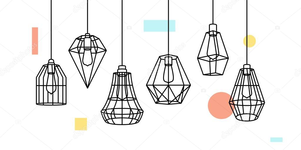 Industrial Metal Cage Pendant Light Hanging Lamp Edison Bulb lighting vector icon illustration outline line