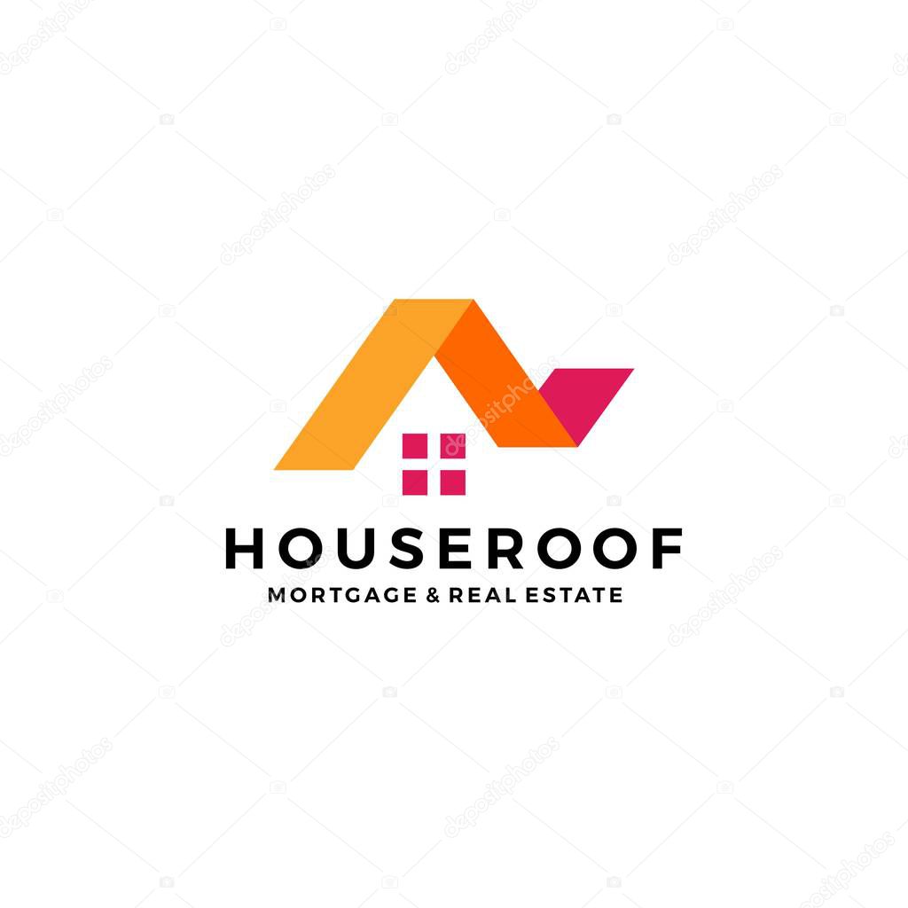 house home roof mortgage real estate ribbon logo style vector icon