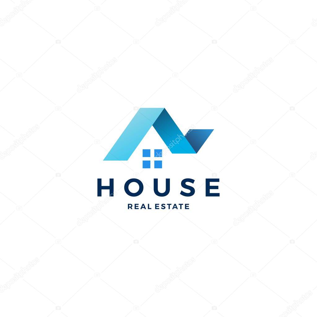 house home roof mortgage real estate ribbon logo style vector icon