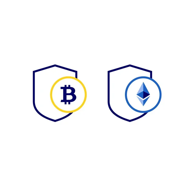 Criptomoeda seguro pagamento bitcoin escudo ethereum logotipo vetor ícone definido —  Vetores de Stock