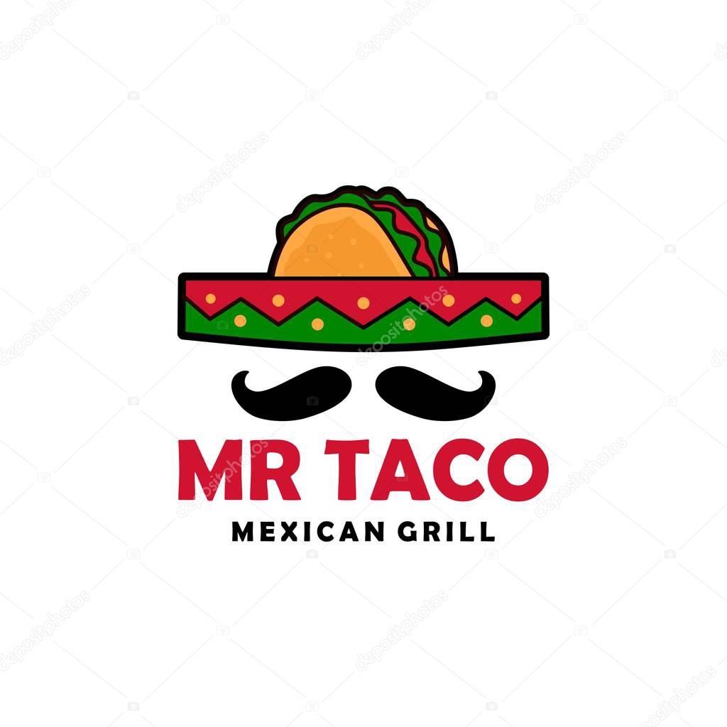 mr taco sombrero hat mustache logo vector icon illustration
