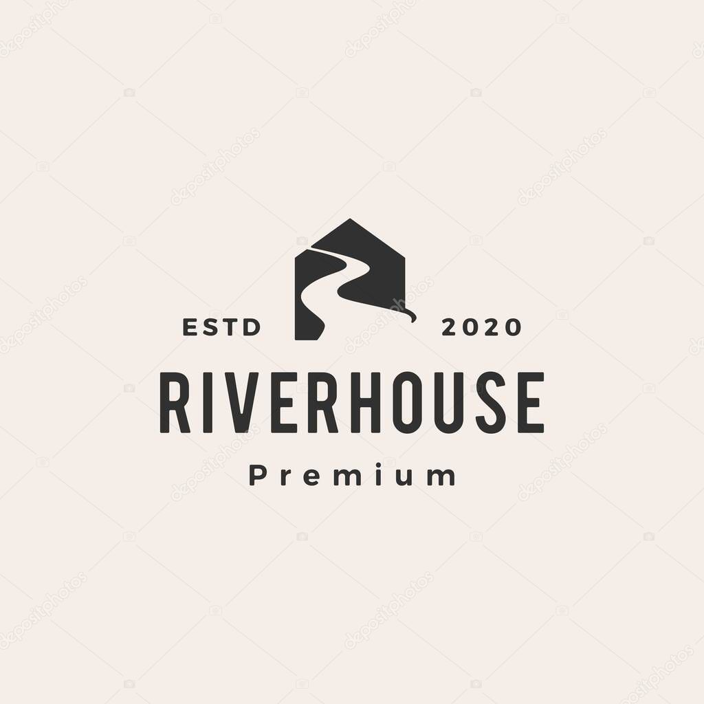 Road river house hipster vintage logo vector icon illustration