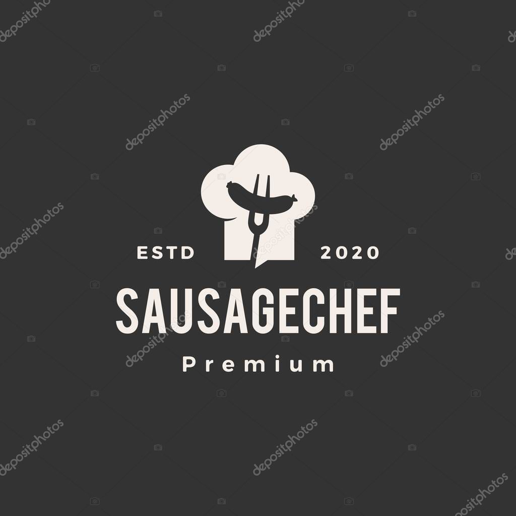 Sausage chef hat hipster vintage logo vector icon illustration