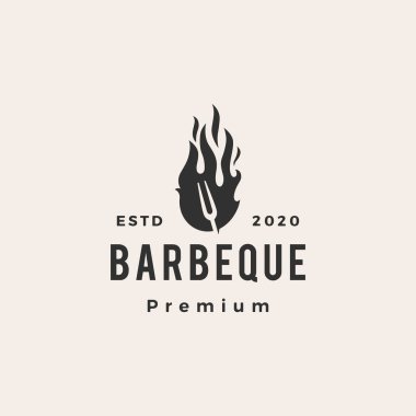 Barbekü çatal yangın hipster vintage logo vektör ikonu çizimi