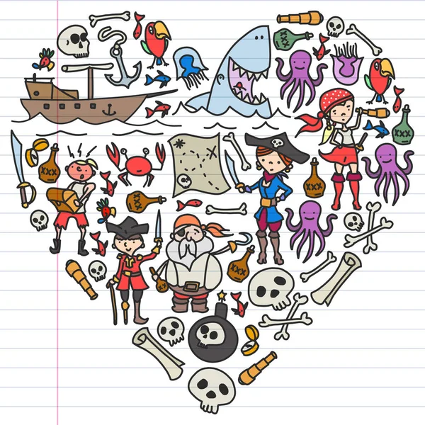 Vektor-Set von Piraten Kinderzeichnungen Symbole im Doodle-Stil. gemalt, bunt, Bilder auf linearem Papier auf weißem Hintergrund. — Stockvektor