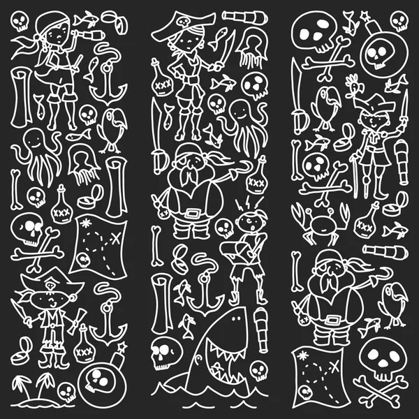 Vektor uppsättning av pirater barn ritningar ikoner i Doodle stil. Målade, svart monokroma, krita bilder på en svart tavla. — Stock vektor