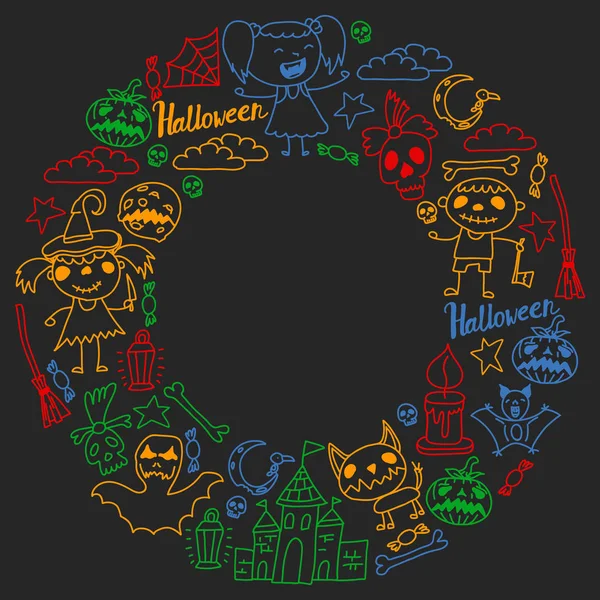 Halloween tema Doodle set. Traditionella och populära symboler-snidad pumpa, Party kostymer, häxor, spöken, monster, vampyrer, skelett, skallar, ljus, fladdermöss. Isolerad över svart bakgrund. — Stock vektor