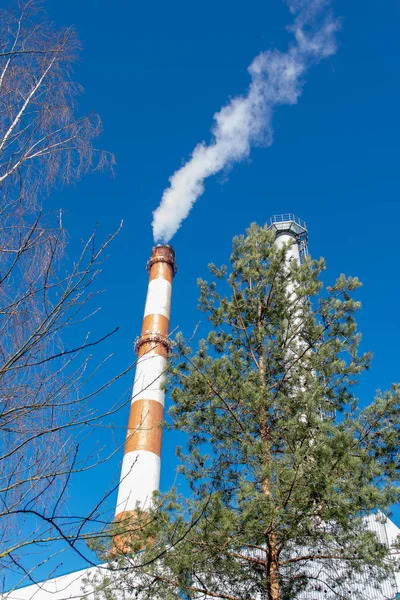 Rök Från Skorstenen Bakgrund Blå Himmel — Stockfoto