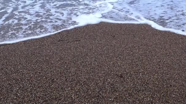 Nahaufnahme einer Welle und Schaum an einem sandigen Meeresufer — Stockvideo