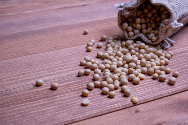 Soybeans fall out of an open canvas bag on a wooden table. Soy b