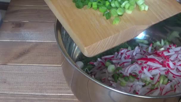 Cook Pours Chopped Vegetables Pan Close Chopped Fresh Vegetables — Stock Video