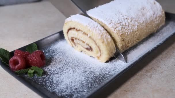 Chef Slices Swiss Roll Swiss Roll Plate Swiss Roll Decorated — Stock Video
