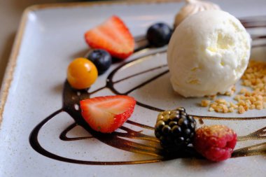 Iruits ile dondurma. Beyaz plaka üzerine dondurma