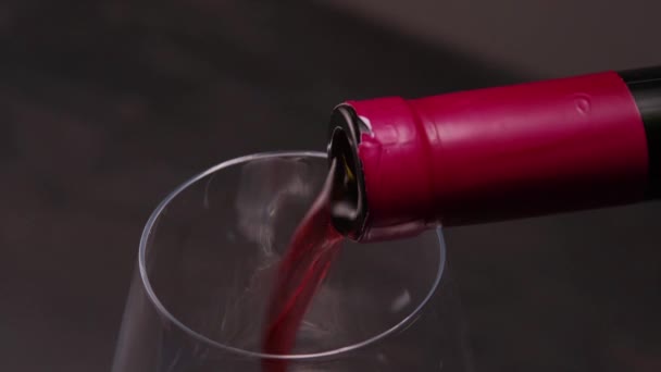 Versare il vino rosso da una bottiglia in un bicchiere — Video Stock